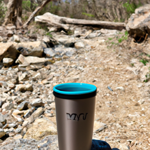 A Yeti Rambler tumbler with ice-cold water on a hiking trail